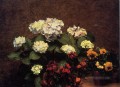 Hortensias, clavos y dos macetas con pensamientos, pintor de flores Henri Fantin Latour